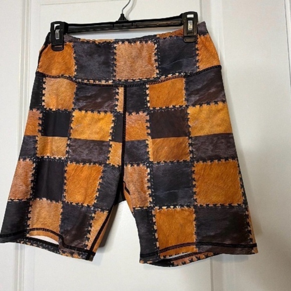 Patchwork Orange and Black Bike Shorts 
Size Large